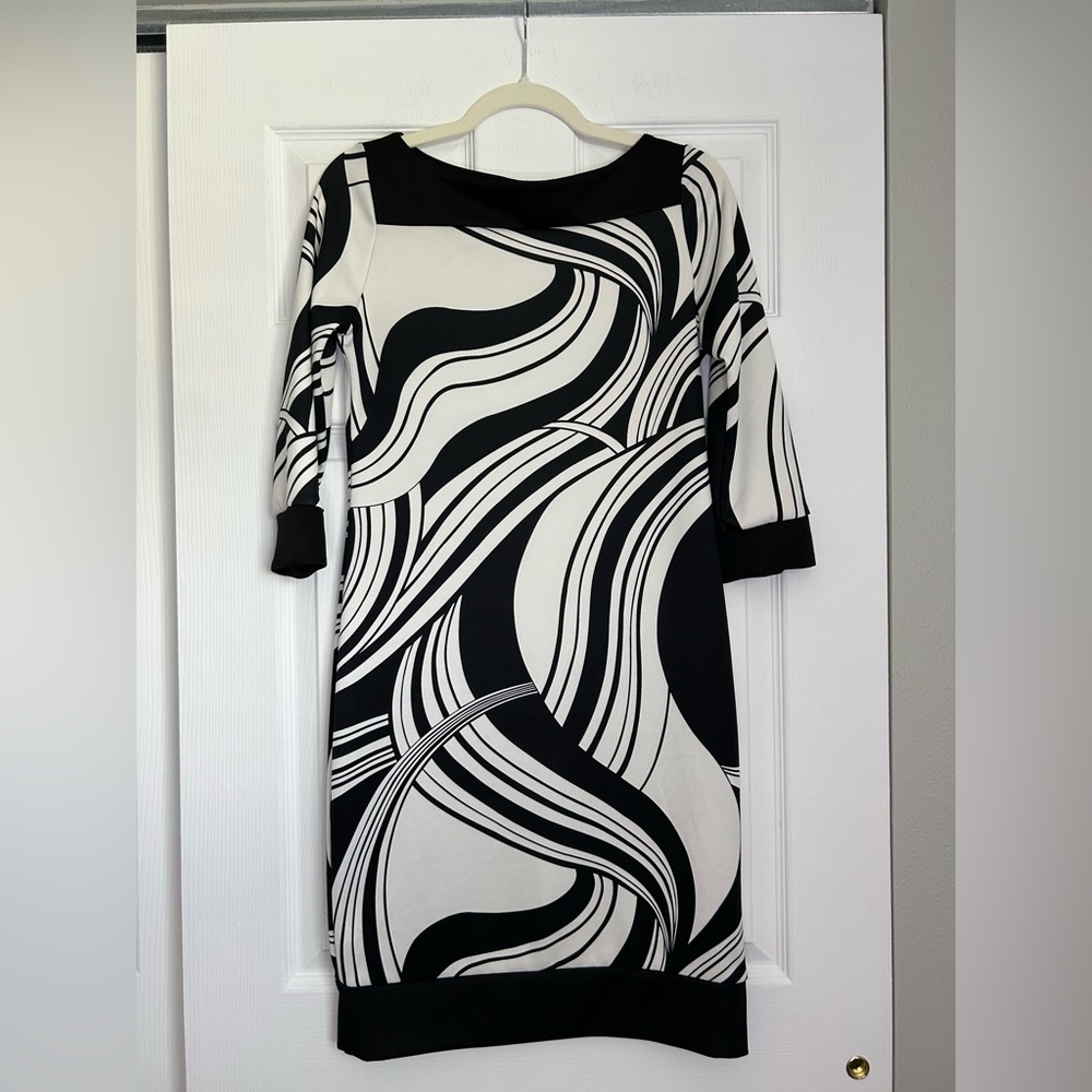 dressbarn Monochrome Swirl Long Sleeve Dress